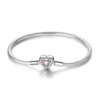 1 Pc Silver Color Simple Pink Cubic Zirconia Romantic Heart Design Charm Bracelet-Versatile Snake Bangle For Custom Beading Pendant-Perfect For Daily Wear Or Anniversary Gift