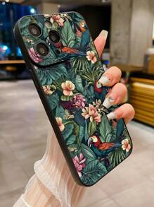 1pc Floral And Bird Pattern Eye-Catching Phone Case, Compatible With IPhone, Samsung, Xiaomi/Redmi, OPPO/Realme, VIVO, Infinix - Black - View 3