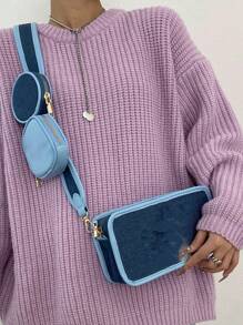 Conjunto de bolsos de hombro pequeños desmontables de moda, diseño único, ligero, gran capacidad, personalizado con imágenes y letras, regalo ideal para mujeres, adecuado para compras y uso casual, bolso cuadrado de efecto vaquero de estilo callejero personalizado.