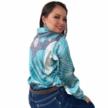 Camisa vaquera buchona satinada en color turquesa. - Azul Cadete - Ver 2