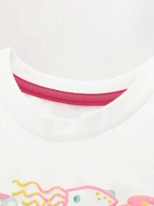 1 件年轻女孩休闲卡通海洋动物鱼印花圆领短袖 T 恤上衣，时尚，适合春夏季 - 白色 - 查看 3