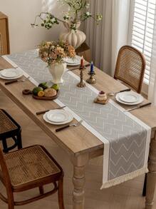 1條桌布，灰色波紋圖案，防水面料，流蘇邊緣，適用於家庭、派對、酒店、餐廳桌面裝飾 - 灰色 - 查看 6