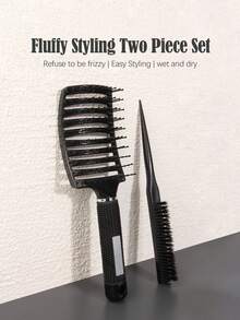 女性用梳子套裝，尼龍齒大弧度梳子，空心梳，蓬鬆造型梳，尖尾撥梳，捲髮梳 - 黑色 - 查看 2