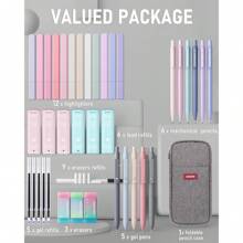 Mechanical Pencils Set 39 PCS Aesthetic School Supplies With Cute Pen Case, 12 Pastel Highlighters, 5 Black Ink Gel Pens, 6 Mechanical Pencils Set 0.5 & 0.7 Mm For Students College Essentials - 淺灰色 - 查看 3