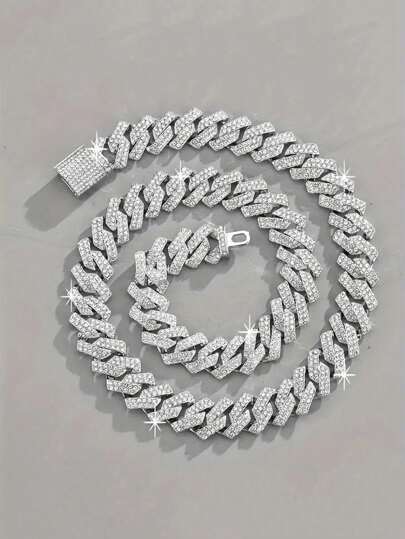 1 قطعة عقد / سوار أوروبي وأمريكي من نمط الهيب هوب، سلسلة معدنية مرصعة بالرينستون للرجال موضة صيفية لحفلات الشاطئ، عقد / سوار