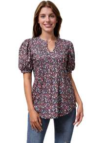 女式V領短袖褶皺腰印花T卹 - 紅色 - 查看 1