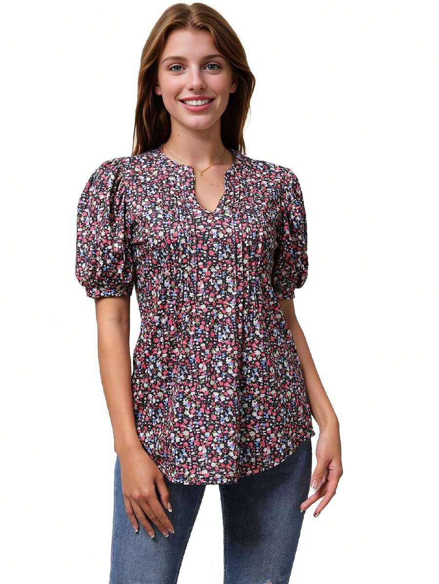 女式V領短袖褶皺腰印花T卹 - 紅色 - 查看 1