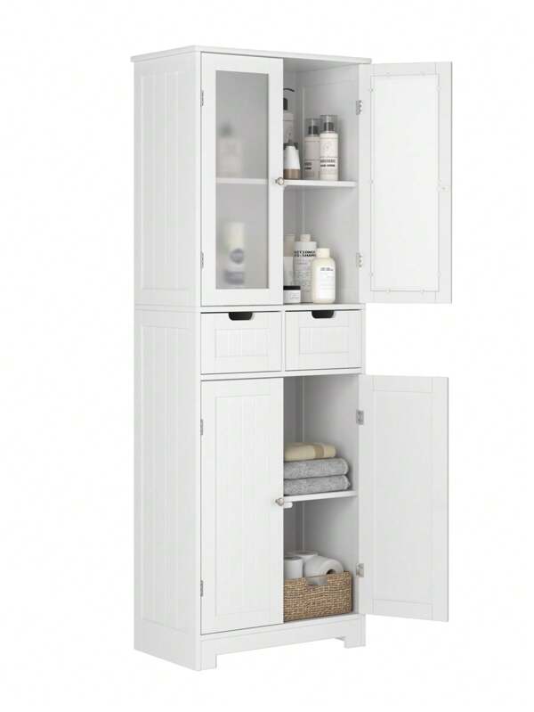 FURCHEN badkamerkast, badkamerkast met 4 deuren en 2 laden, keukenkast hoge kast wit, voor badkamer, woonkamer, keuken, eetkamer, kantoor