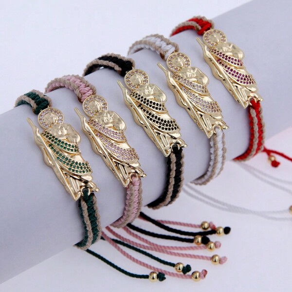 1pc 18K Gold-Plated Copper & Zirconia Saint Jude Double-Color Braided Bracelet, Adjustable Size, Father's Day Gift, Suitable For Daily Wear By Men Or Women, Prayer For Health. Best Choice For Couples And Gift Giving.