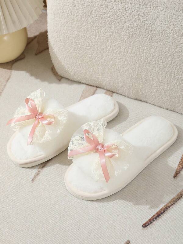 Spring/Autumn/Winter Plush Slippers For Women, Bowknot Decoration, Floor Silent And Lightweight, Indoor Home Postpartum Slides