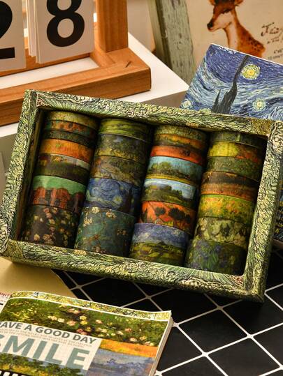 25Pcs/Box Starry Sky Oil Painting Hot Stamping Washi Tape,Washi Tape For Journaling,School Supplies, Masking Tape(0.19in~1.18in) Back To School