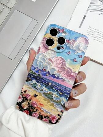 1pc Transparent TPU Anti-Drop Colorful Seascape Sunset Scenery Pattern Phone Case, Compatible With IPhone 15 Pro Max, S24 Ultra, Redmi 13C Waterproof Shockproof Scratch Resistant