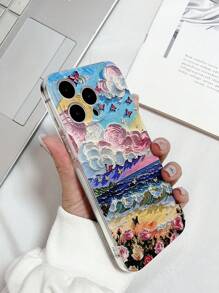 1 pieza Estuche de teléfono con patrón de paisaje marino y puesta de sol de TPU transparente y anti-caída, compatible con 15 Pro Max, S24 Ultra, Redmi 13C