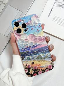 1 pieza Estuche de teléfono con patrón de paisaje marino y puesta de sol de TPU transparente y anti-caída, compatible con 15 Pro Max, S24 Ultra, Redmi 13C