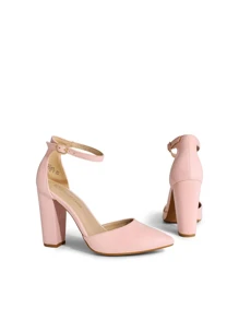 Women Ankle Strap Chunky Heel High Heels Pumps Closed Pointed Toe Fashionable Elegant Wedding Pump Shoes - Hồng - Xem 9