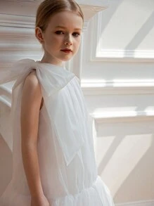 Young Girl Bow-Knot Tulle Easter Dress, Elegant Princess Party Gown, Suitable For Girls Birthday Gift, Banquet, Prom, Holiday Occasion, Flower Girl Wedding Dress