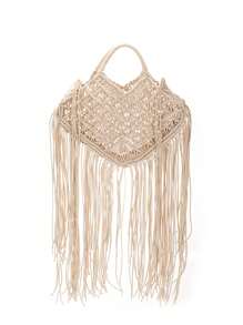 Bolso de playa hecho a mano tejido con flecos para vacaciones - Blanco - Ver 1