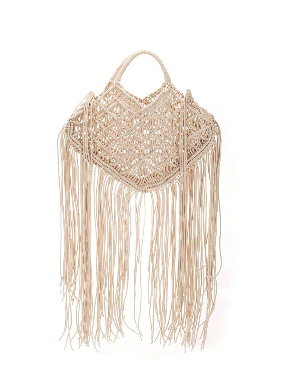 Bolso de playa hecho a mano tejido con flecos para vacaciones - Blanco - Ver 1