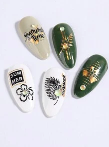 4 hojas Pegatina de uñas con diseño veraniego de árboles de coco y palmeras tropicales en láser negro, dorado y plateado, follaje y playa del océano, calcomanías de arte de uñas de verano - Multicolor - Ver 8