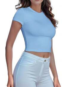 女士圓領修身短袖T恤 - 淺藍色 - 查看 3