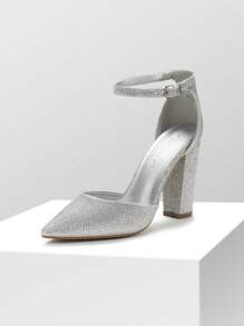 Women Ankle Strap Chunky Heel High Heels Pumps Closed Pointed Toe Fashionable Elegant Wedding Pump Shoes - Bạc - Xem 2