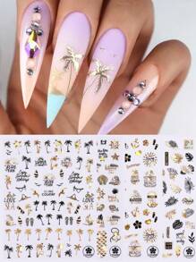 4 hojas Pegatina de uñas con diseño veraniego de árboles de coco y palmeras tropicales en láser negro, dorado y plateado, follaje y playa del océano, calcomanías de arte de uñas de verano - Multicolor - Ver 2