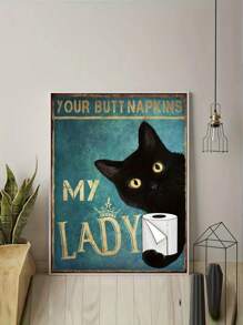 1 pieza Cuadro de pared de lienzo divertido para baño impresión de imagen de gato negro decoración de inodoro, su servilleta mi dama cartel teja sin marco arte de animales para decoración de baño