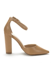 Women Ankle Strap Chunky Heel High Heels Pumps Closed Pointed Toe Fashionable Elegant Wedding Pump Shoes - 杏色/PU - 查看 4