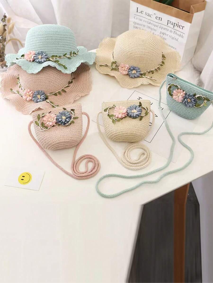 1組新款女孩可愛公主稻草帽,有兩朵花和編織袋,夏日防曬帽,適合日常和海灘穿著 - 粉色 - 查看 1