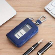 1pc Premium PU Leather Car Key Cover - Durable & Stylish Protection With Zipper Closure For Smart One-Button Start Remote Control, Business-Grade Waist Hanging Case