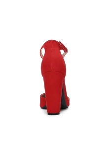 Women Ankle Strap Chunky Heel High Heels Pumps Closed Pointed Toe Fashionable Elegant Wedding Pump Shoes - 紅色 - 查看 7