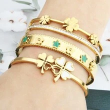 Bộ quà tặng phụ kiện trang sức 3 món cho nữ - Mặt dây chuyền hình cỏ ba lá và hoa mận đính đá, Vòng tay hạt thép không gỉ, Thích hợp làm quà tặng tình bạn và trang sức dự tiệc - Bộ đồ hoa bốn lá - Xem 12