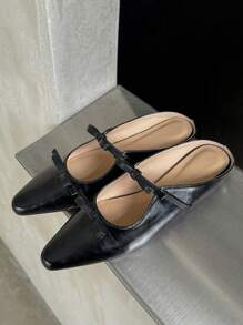 French Style Black Bow Mule Slippers, Versatile Fashionable Flat Sandals, New Summer Mary Jane Slip-On Comfortable Closed Toe Slides, Women's Closed Toe Summer Slippers Valentines