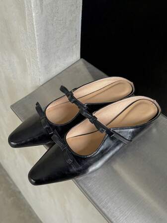 French Style Black Bow Mule Slippers, Versatile Fashionable Flat Sandals, New Summer Mary Jane Slip-On Comfortable Closed Toe Slides, Women's Closed Toe Summer Slippers Valentines