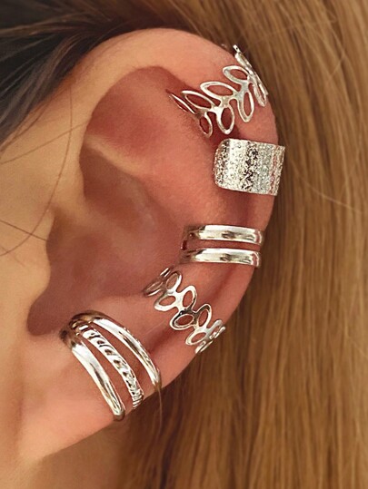 Set de 5 piezas Personalizadas con clips óseos para orejas sin perforaciones, pendientes en forma de hoja ahuecados en forma de C, elegantes y sexys, clip para orejas de moda, diseño de hojas y ramas de metal mixto, acabado mate texturado, múltiples aretes para un uso versátil, joyería versátil para mujeres, adecuada para uso diario de mujeres