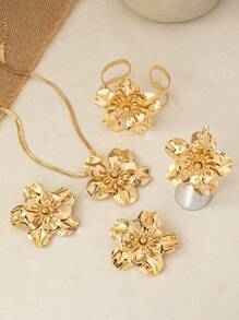 5pcs/Set Fashionable, Exquisite & Elegant Metal Flower Pendant Necklace, Earrings, Ring & Bangle Set Suitable For Women To Wear On Evening Parties, Gatherings, Holidays, And To Give As Gifts For Festivals Valentines,Mom,Mother,Mother's Day,Gift - Yellow Gold - View 3