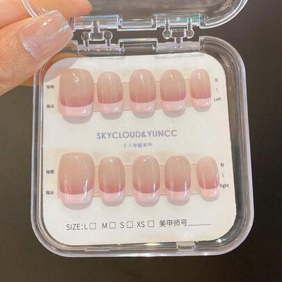 10片纯手工制作可佩戴美甲贴纸，粉色法式按压式美甲贴，长短尺寸可选，按压式美甲贴，美甲用品，手工按压式美甲贴