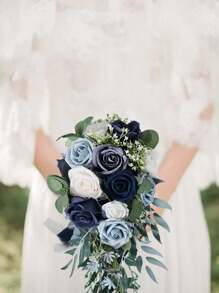 1入組人工玫瑰花新娘花束，絲綢假花婚禮花束適用於新娘、伴娘，水滴手提花束適用於婚禮和週年紀念，攝影道具，春季裝飾 - 藍色 - 查看 5