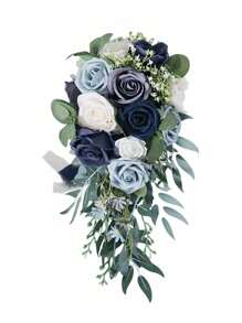 1入組人工玫瑰花新娘花束，絲綢假花婚禮花束適用於新娘、伴娘，水滴手提花束適用於婚禮和週年紀念，攝影道具，春季裝飾 - 藍色 - 查看 3