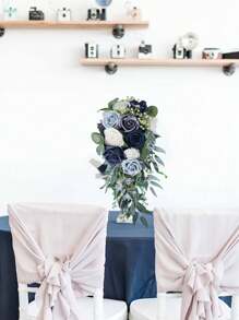 1入組人工玫瑰花新娘花束，絲綢假花婚禮花束適用於新娘、伴娘，水滴手提花束適用於婚禮和週年紀念，攝影道具，春季裝飾 - 藍色 - 查看 2