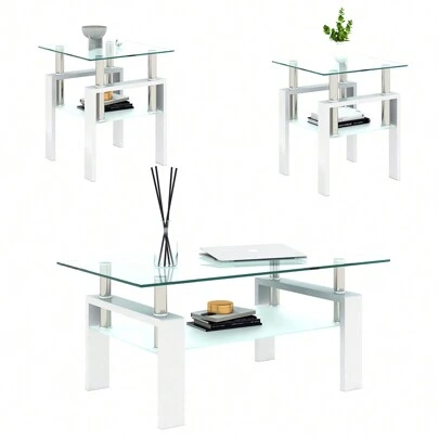 White Legs Coffee Table Clear Tempered Glass Coffee Table And Side Tables For Living Room