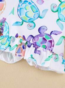 2 piezas/Conjunto Camiseta de punto de manga corta estampada con tortuga marina y nadador para niña joven casual + pantalones cortos a juego con dobladillo estampado de tortuga marina, primavera/verano