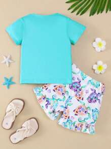 2 piezas/Conjunto Camiseta de punto de manga corta estampada con tortuga marina y nadador para niña joven casual + pantalones cortos a juego con dobladillo estampado de tortuga marina, primavera/verano