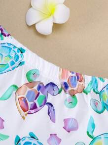 2 piezas/Conjunto Camiseta de punto de manga corta estampada con tortuga marina y nadador para niña joven casual + pantalones cortos a juego con dobladillo estampado de tortuga marina, primavera/verano