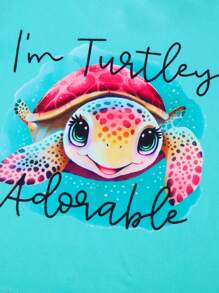 2 piezas/Conjunto Camiseta de punto de manga corta estampada con tortuga marina y nadador para niña joven casual + pantalones cortos a juego con dobladillo estampado de tortuga marina, primavera/verano
