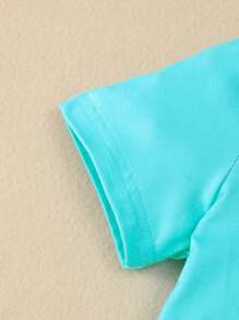 2 piezas/Conjunto Camiseta de punto de manga corta estampada con tortuga marina y nadador para niña joven casual + pantalones cortos a juego con dobladillo estampado de tortuga marina, primavera/verano