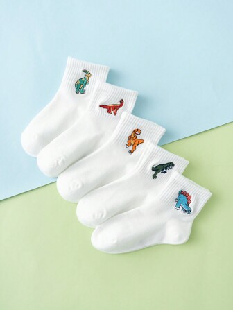 5 pares de calcetines de media caña de moda con patrón de bordado de dinosaurios de dibujos animados personalizados y divertidos para niños