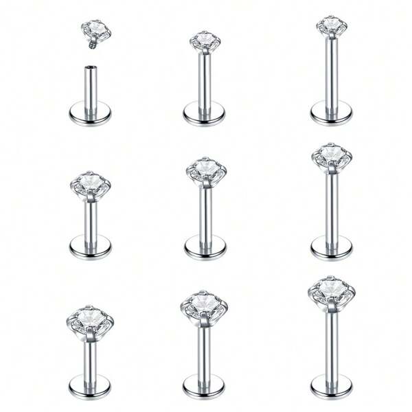 10Pcs/Lot 16G Tragus Labret Piercing Jewelry Internally Threaded Stainless Steel Monroe Lip Rings Different Size Cartilage Nail Helix Earring Stud Bar Length 6mm 8mm 10mm