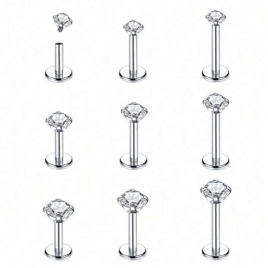 10Pcs/Lot 16G Tragus Labret Piercing Jewelry Internally Threaded Stainless Steel Monroe Lip Rings Different Size Cartilage Nail Helix Earring Stud Bar Length 6mm 8mm 10mm - Silver - View 1