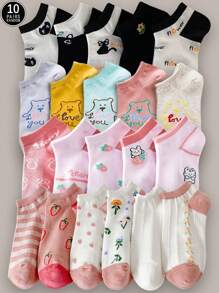 10pairs/Pack Random Cute Cartoon Animal & Strawberry Patterned Women Short Socks, Comfortable And Breathable